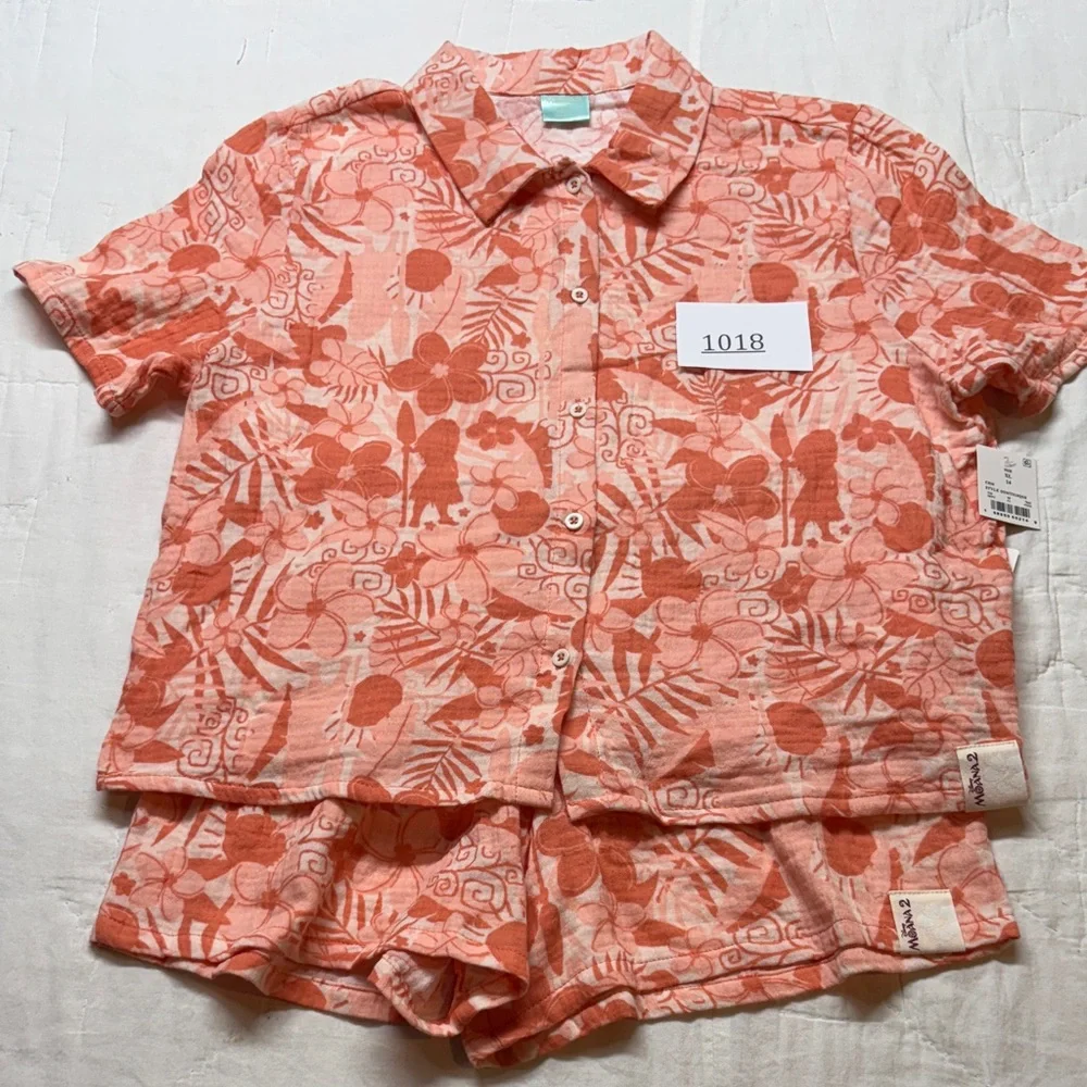 NWT Disney Moana 2‎ Girls XL 14 Cotton Gauze Play Set Shirt Shorts Coral